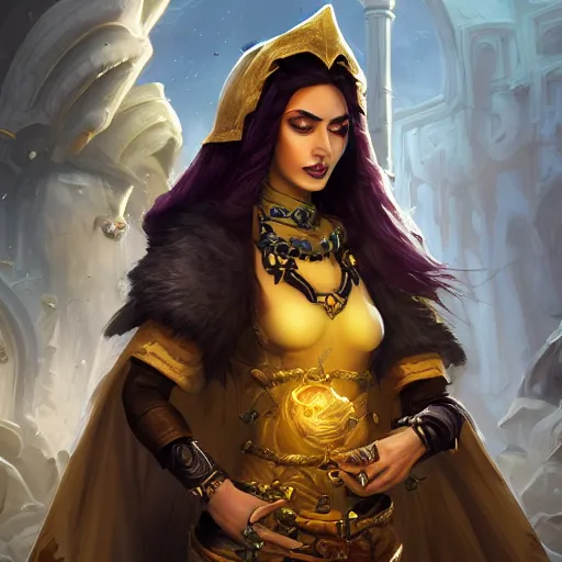 Image similar to portrait of woman sorceress wearing a young arabian nomad half wolf, with yellow cloths, league of legends splash art, hearthstone splash art, full body shot, rule of thirds, ultrafine hyperrealistic detailed face, artgerm, greg rutkowski, trending on artstation, 8 k, intricately detailed, highly detailed