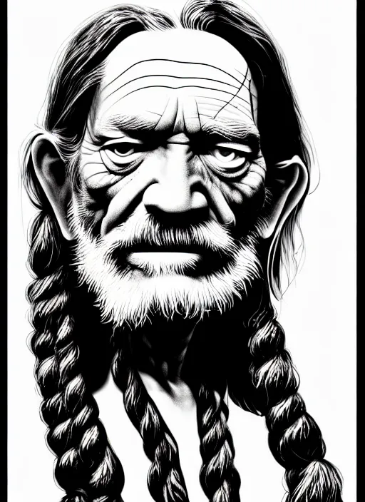 Prompt: an extremely detailed masterpiece grunge head and shoulders drawing of an old willie nelson, in the style of richard avedon, after life, loony toons style, horror themed, detailed, elegant, intricate, trending on artstation, 4 k