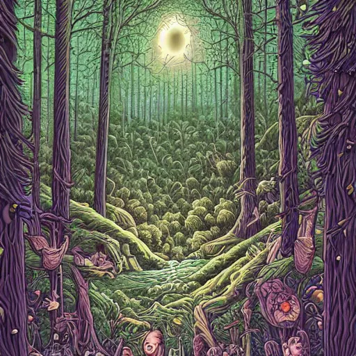 Prompt: An ultra detailed illustration of a forest by Dan Mumford, fairies and cosmic creatures in the trees