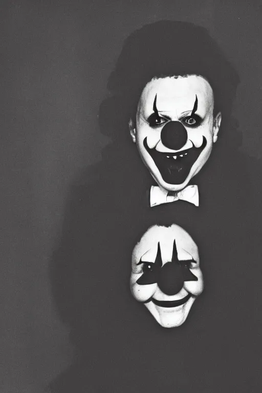 Prompt: sinister Black and white photo of a clown