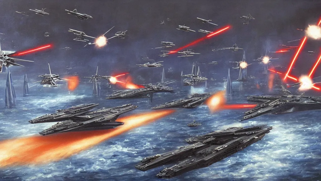 Prompt: Stockholm under attack by star wars destroyers and TIE fighters, oil painting,