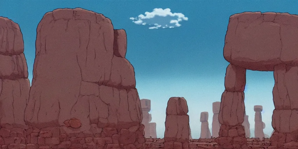 Image similar to a realistic cell - shaded studio ghibli concept art from paprika ( 2 0 0 6 ) of a hairless ape from close encounters of the third kind ( 1 9 7 7 ) in a flooded monument valley stonehenge. very dull colors, wide shot, hd, 4 k, hq