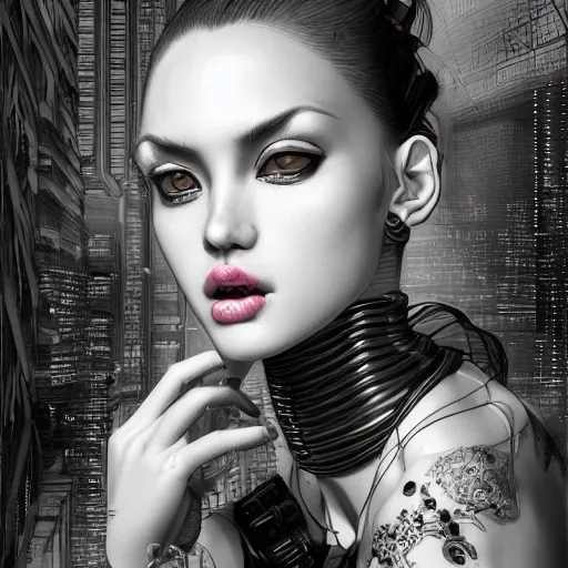 Image similar to the portrait of an absurdly beautiful, graceful, elegant, sophisticated, fashionable cyberpunk gravure idol, an ultrafine hyperdetailed illustration by kim jung gi, irakli nadar, intricate linework, bright colors, porcelain skin, unreal engine 5 highly rendered, fashion photography, global illumination, radiant light, detailed and intricate environment