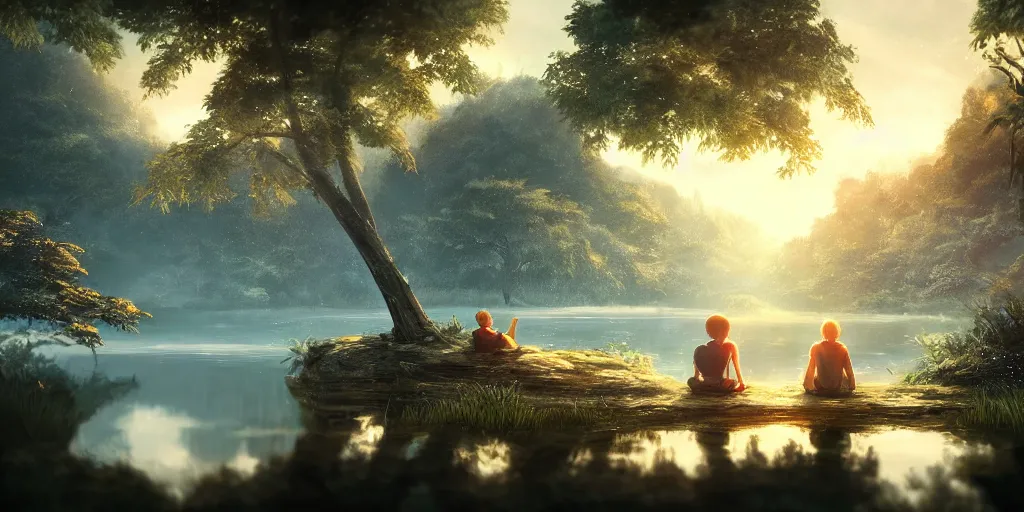 Image similar to a silver dragon and a boy sitting next to lake in forest, many fireflys, at night, concept art, dof, cryengine, digital art, detailed background, makoto shinkai