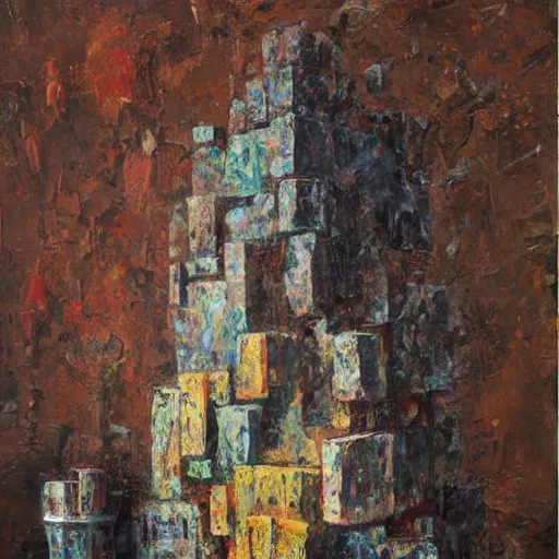 Image similar to an impasto maximalist painting by shaun tan of an abstract forgotten sculpture by the caretaker and ivan seal