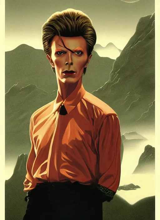 Prompt: twin peaks poster art, portrait of david bowie arriving in tweak peaks, by michael whelan, rossetti bouguereau, artgerm, retro, nostalgic, old fashioned, 1 9 8 0 s teen horror novel cover