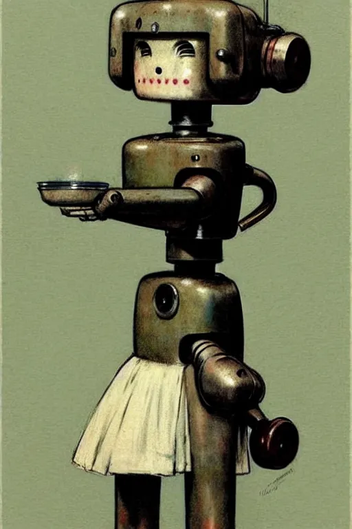 Image similar to (((((1950s maid android robot art . muted colors.))))) by Jean-Baptiste Monge !!!!!!!!!!!!!!!!!!!!!!!!!!!