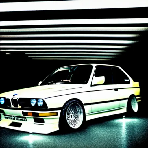 Image similar to a modified bmw e 3 0 with lights on in a futuristic neon parking garage, 3 5 mm photography, car photography, clean lines, realistic