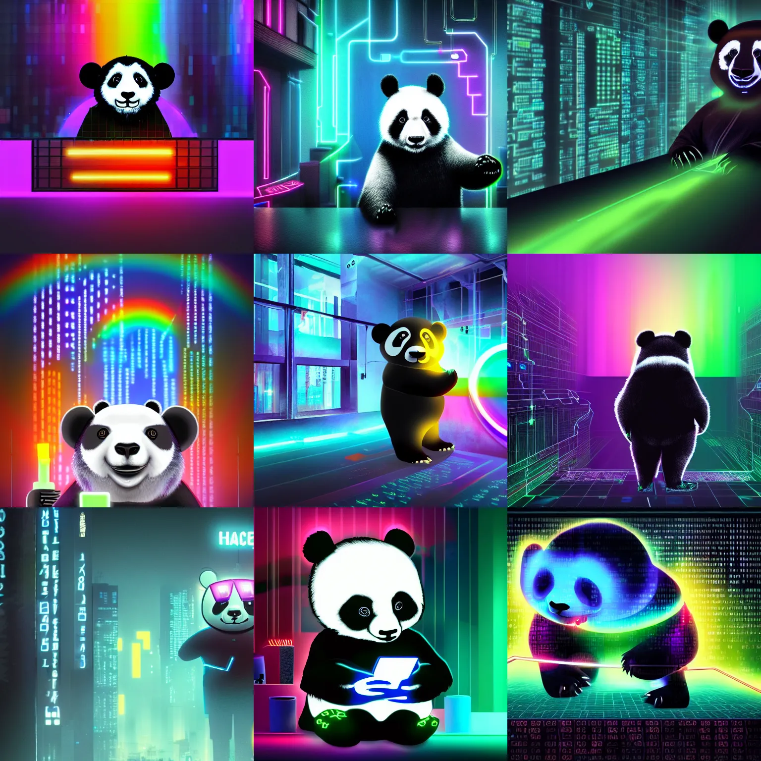 Prompt: the hacker panda is coding, foggy, mystery code, Cyberpunk, neon light, 4k, hd, highly detailed, 8k, rainbow, Unreal Engineer 5