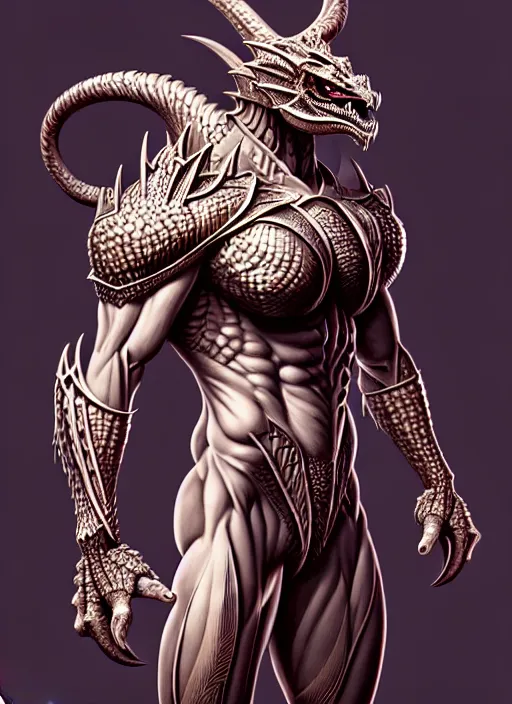 Prompt: athletic and muscular humanoid dragon creature!!!! draconian!! intricate ornate iridescent scale armor!! character concept art, sharp focus, octane render! unreal engine 5! highly rendered!! trending on artstation!! detailed linework!! illustration by artgerm, wlop, and chie yoshii