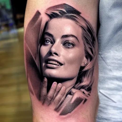 Image similar to double exposure tattoo design sketch of beautiful mountain scenery as margot robbie face, in the style of matteo pasqualin, amazing detail