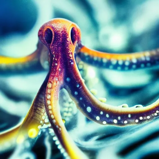 Image similar to fiery whimsical emotional eyes cephalopod, in a photorealistic macro photograph with shallow dof, in the deepest seas of the unconscious psyche