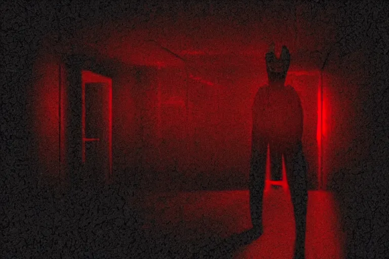 Image similar to cctv footage of an extremely dark empty room with evil horror humanoid cryptid monster made out of static, dark deep black shadows, crimson red and black color contrast in the style of trevor henderson and james ensor goya, liminal space, 3 d render, glitch effect