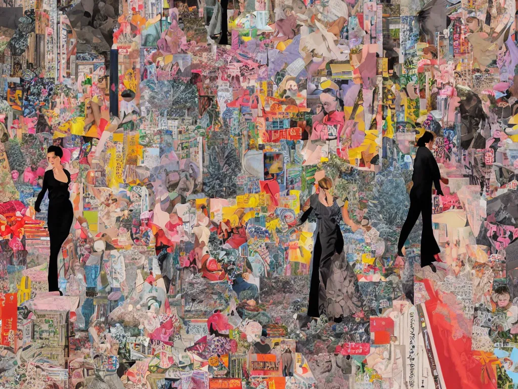 Image similar to maximalist paper collage art of a woman walking through a tokyo shopping district at sunset