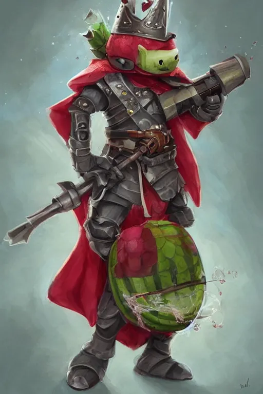 Image similar to cute anthropomorphic watermelon knight wearing a cape and a crown and holding a sniper, tiny, small, miniature bear, baby animal, short, pale blue armor, cute and adorable, pretty, beautiful, DnD character art portrait, matte fantasy painting, DeviantArt Artstation, by Jason Felix by Steve Argyle by Tyler Jacobson by Peter Mohrbacher, cinematic lighting