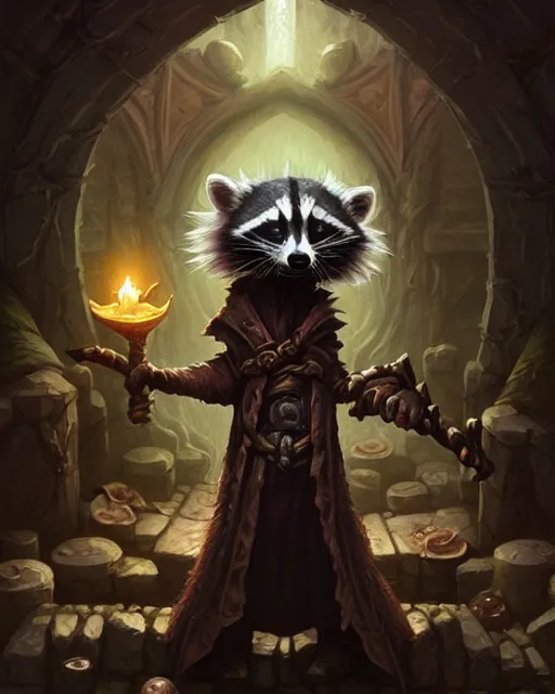 Image similar to anthropomorphic hooded necromancer raccoon casting a spell in a dungeon, deep focus, d & d, fantasy, intricate, elegant, highly detailed, digital painting, artstation, concept art, matte, sharp focus, illustration, hearthstone, art by artgerm and greg rutkowski and alphonse mucha