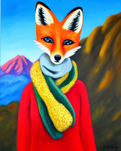 Image similar to oil painting portrait of anthropomorphic female fox animal dressed in sweater and scarf, fox animal, hollywood sign in background, oil painting,