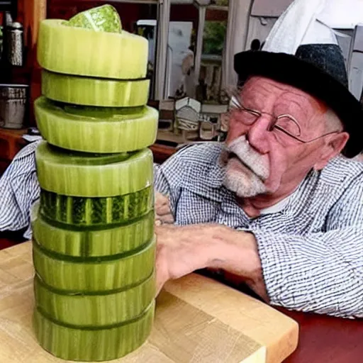 Prompt: an old man is stacking pickles his wife's head, making it look like a tower