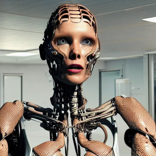 Image similar to the upper torso of a terminator cyborg lady with borg implants, human face and robotic snakes coming out of her head is hanging from cables and wires off the ceiling of a lab. Her bottom half is missing with cables hanging out. She is taking a sip from a cup of coffee. very detailed 8k. Horror cyberpunk style. Unreal engine 5 render with nanite, path tracing and cinematic post processing. Sharp.