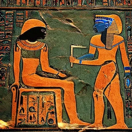 Image similar to a fragment of ancient egyptian hierographic panel Art, art of A person using a computer in art style of ancient art, fragmented, a person using a computer!!!!! Ancient Egypt art