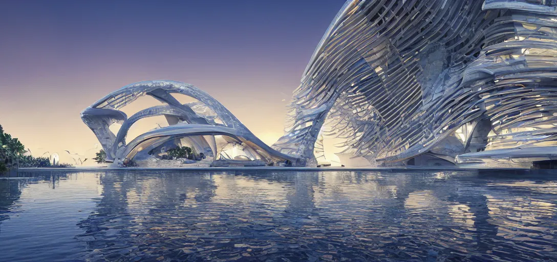 Prompt: highly detailed futuristic floating architecture by Antoni Gaudí and Santiago Calatrava, reflective lighting, empty streetscapes, tropical vegetation, ground-level view, puddles of water, stunning sunny lighting, sunrise, vivid colors, in the style of pixar animation, trending on Artstation, 8k, matte painting, ray tracing, hyper detailed, unreal engine 5, cinematic, epic lighting, cryengine, octane render, cyberpunk, red and orange glow, vibrant