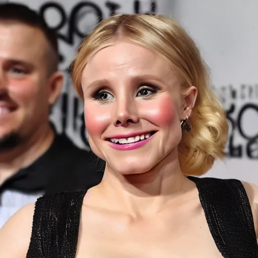 Prompt: gopro video of obese kristen bell in clowncore makeup