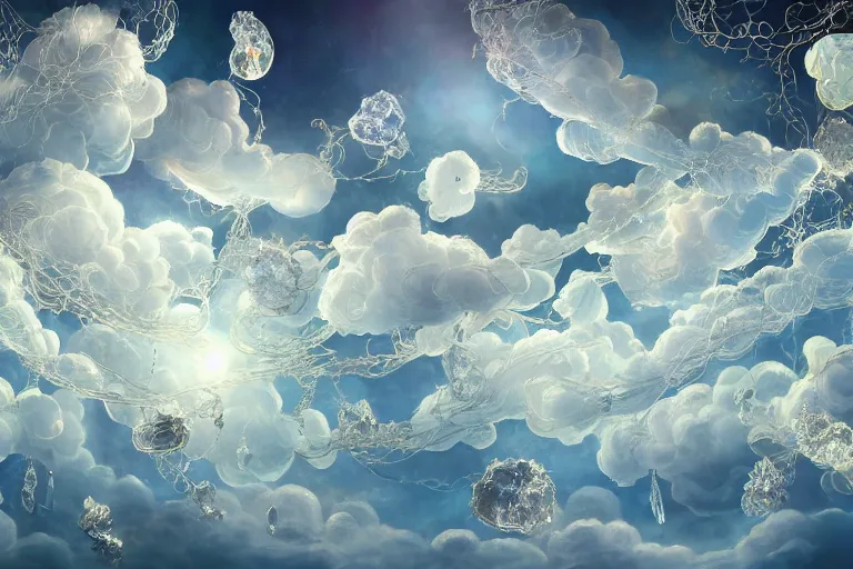 Image similar to simplicity, a huge flock of many ornate translucent puffy filigreed clouds tangled into large whirling ultra detailed crystal specimens, mission arts environment, playful, award winning art, epic dreamlike fantasy landscape, ultra realistic,