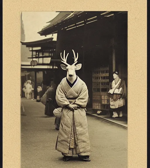 Image similar to 1 8 th century japanese street market in kyoto 1 9 0 0 s early photography portrait anthro anthropomorphic deer head animal person fursona wearing clothes street trader