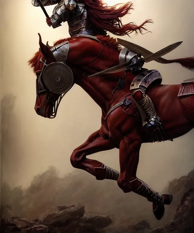 Image similar to hyperrealistic mixed media painting of a beautiful young female ranger, stunning 3d render inspired art by P. Craig Russell and Barry Windsor-Smith + perfect facial symmetry + dim volumetric lighting, dark red hair, pale skin, crimson leather armor, riding an armored warhorse, dizzy, full body, confident heroic pose, d&d, 8k octane beautifully detailed render, post-processing, extremely hyperdetailed, intricate, epic composition, grim yet sparkling atmosphere, cinematic lighting + masterpiece, trending on artstation, very very detailed, masterpiece, stunning