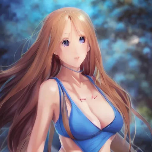 Image similar to a very beautiful mature yuuki asuna, full body, long wavy blond hair, sky blue eyes, full round face, bikini, miniskirt, front view, mid - shot, cute pose, highly detailed, cinematic wallpaper by stanley artgerm lau