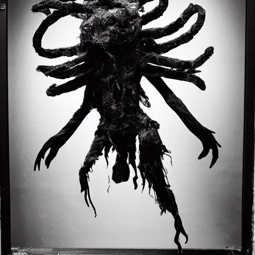 Prompt: surreal alien beast, made of roughly torn fabric, stretched over a deliberately sloppy frame, crossing the river, Contemporary art, Affandi, XIXth century black and white old photography, moody lighting, black and white