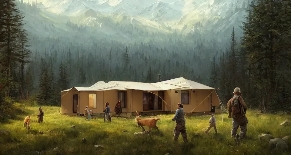 Image similar to cabela's beautiful comfortable community of modular insulated wall container home kit - house all weather family dwelling tent house, person in foreground, mountainous forested wilderness open fields, beautiful views, painterly concept art, environmental concept art, concept art illustration, by james gurney, by craig mullins, by greg rutkowski trending on artstation