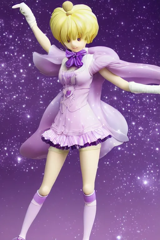 Image similar to A GoodSmile anime figure of a cute magical girl with short blonde hair wearing purple short puffy pants, an oversized beret, white tights covered in stars, and a long billowing scarf. Short hair. Dynamic Rhythmic gymnastics poses. intricate details, realistic, Hyperdetailed, 8k resolution, intricate art nouveau, Octane Render. Ami Ami.