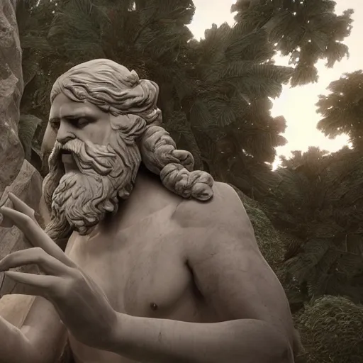 Image similar to a marble statue depicting a bearded wild man playing a modular synthesizer, 8 k, unreal engine,