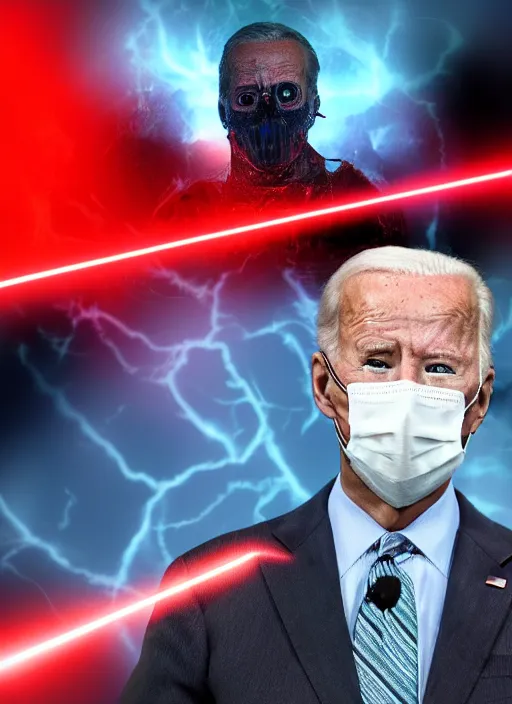 Image similar to hyper realistic ultra realistic terror photo furious red glowing laser eyes biden, high quality photo, detailed , 8k