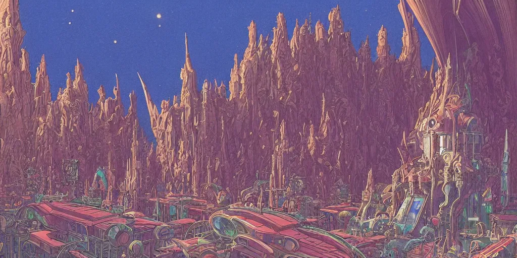 Image similar to cel shaded cinematic shot, matte illustration, the interior of a scifi space station with ornate elven architecture bustling with people, epic castle, emerald, crystalline, detailed illustration, sharp focus, crisp lines, art by moebius, jean giraud moebius comic illustration