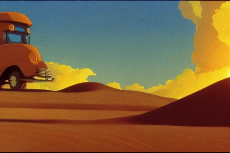 Image similar to giant wheels roll toward a golden desert sunset, cinemascope, studio ghibli, widescreen