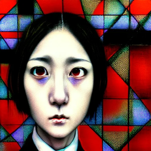 Image similar to yoshitaka amano blurred and dreamy realistic three quarter angle portrait of a young woman with short hair and black eyes wearing office suit with tie, junji ito abstract patterns in the background, satoshi kon anime, noisy film grain effect, highly detailed, renaissance oil painting, weird portrait angle, blurred lost edges