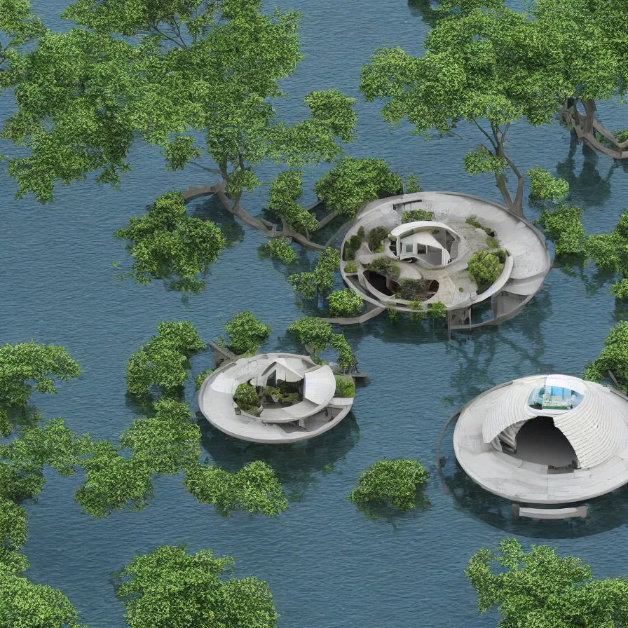 Image similar to architectural model, isometric view, 3 d render, studio lighting, low contrast, dark background, highly detailed, a circular house with circular courtyards floating on water at the edge of a lake, tree