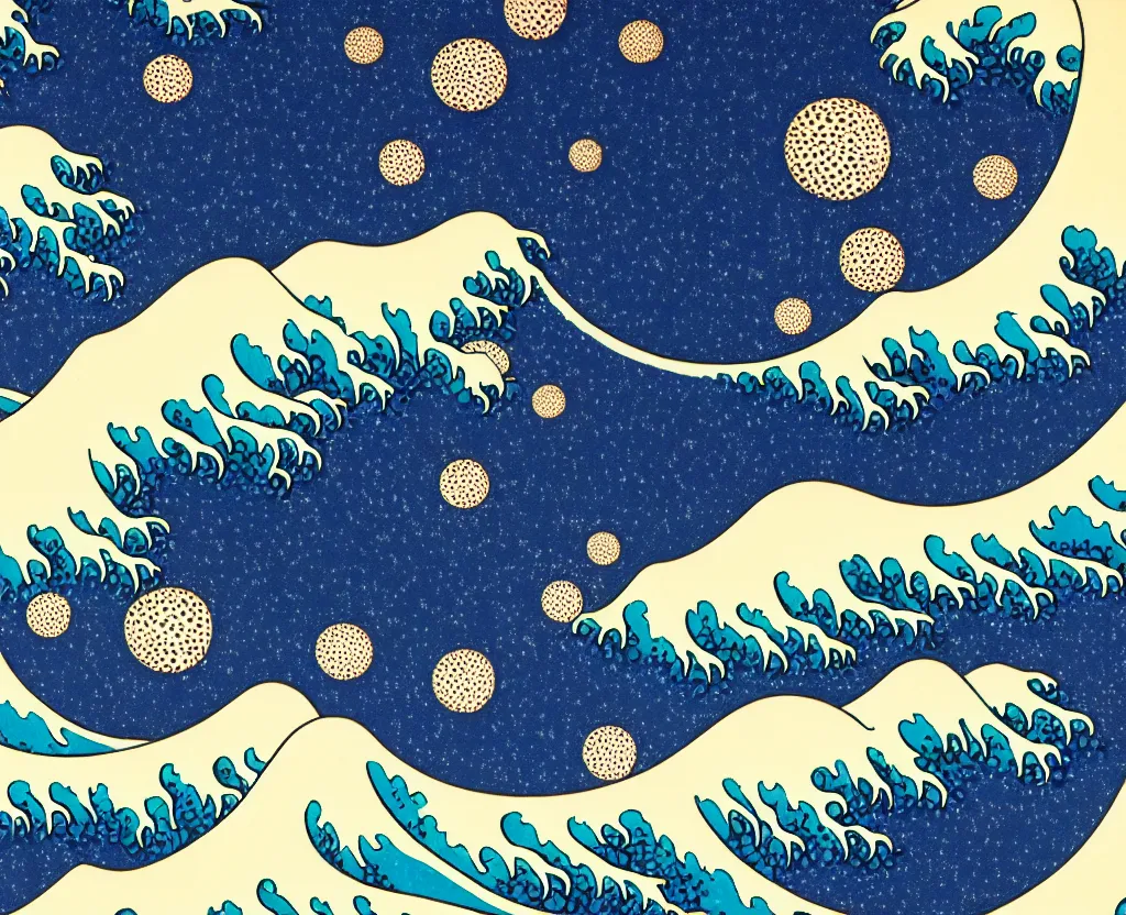 Prompt: dream waves on the starfields by katsushika hokusai and yayoi kusama