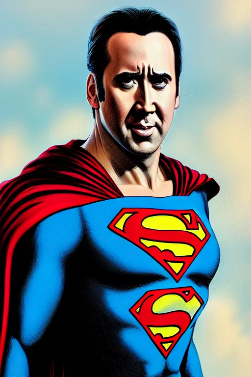 Image similar to portrait of nicolas cage as superman looking away from the camera, intricate, extremely detailed digital painting by greg rutkowski, artstation