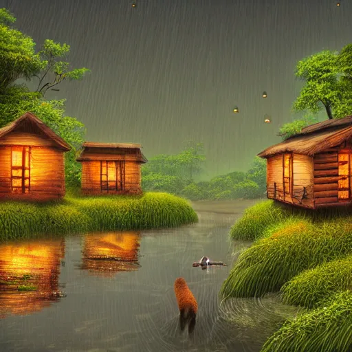 Prompt: a wooden makeshift fishing village inhabited by otters, built in a mossy overgrown bayou, evening lit by lanterns and fireflies, digital art