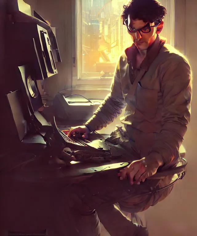 Image similar to Hacker man hacks computer, highly detailed, digital painting, artstation, concept art, smooth, sharp focus, illustration, art by artgerm and greg rutkowski and alphonse mucha