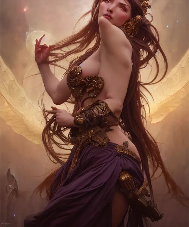 Prompt: dark fantasy, ah my goddess belldandy , sensual sexy dark surrealist , fantasy, intricate, elegant, highly detailed, digital painting, artstation, concept art, smooth, sharp focus, illustration, art by artgerm and greg rutkowski and alphonse mucha