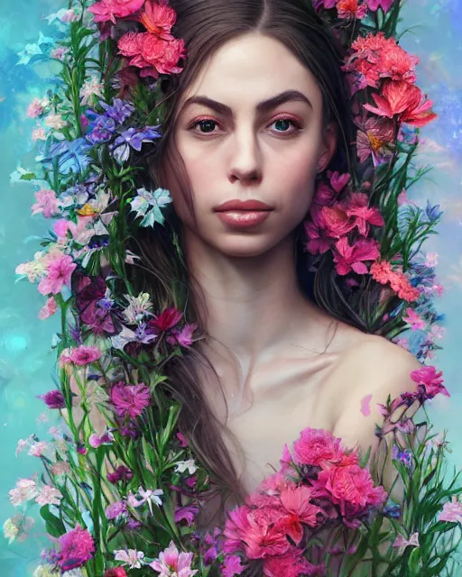 Prompt: portrait of riley reid, surrounded by flowers by karol bak, james jean, tom bagshaw, rococo, sharp focus, trending on artstation, cinematic lighting, hyper realism, octane render, 8 k, hyper detailed.