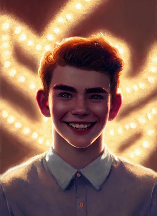 Image similar to portrait of teenage archie andrews, freckles, curly middle part haircut, curly hair, smiling kindly, intricate, elegant, glowing lights, highly detailed, digital painting, artstation, concept art, smooth, sharp focus, illustration, art by wlop, mars ravelo and greg rutkowski