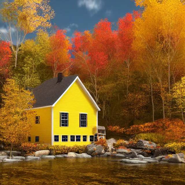 Prompt: yellow colonial new england house near a small river, fall foliage forest, large chimney, lights on inside, vermont mountain background, light cinematic, volumetric, realistic, cinematic lighting, ray tracing, unreal engine 5, octane render, hyper realistic, 8 k