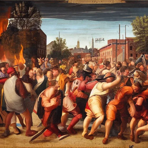 Image similar to the burning of the third precinct in Minneapolis, a Renaissance painting