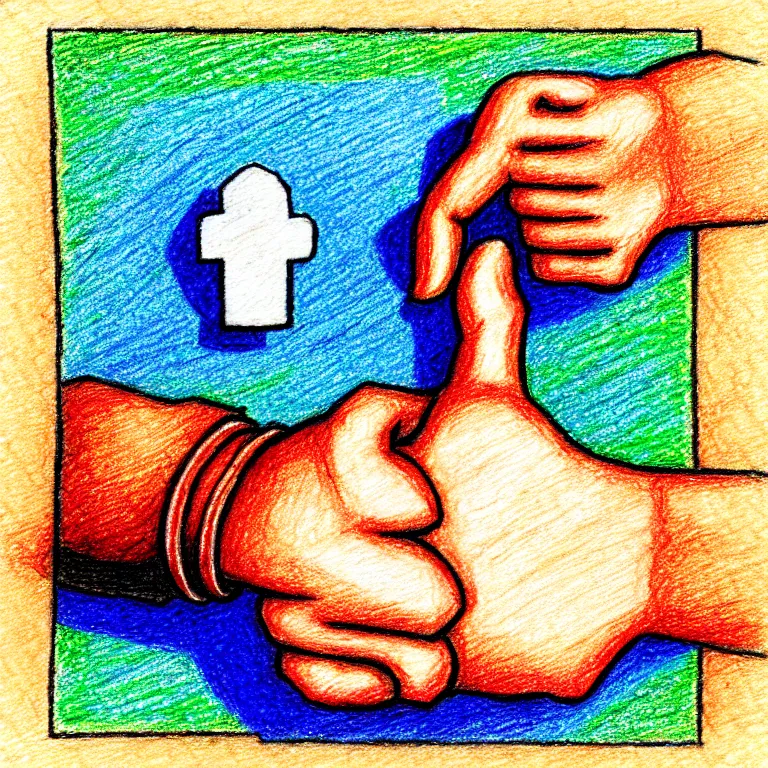 Image similar to Thumbs up; Thumbs down. Do you share your prompts around? If you take, I do not fret, but if I copy and also alter, will you regret, will our friendship falter? colored-pencil drawing as a fancy square tile