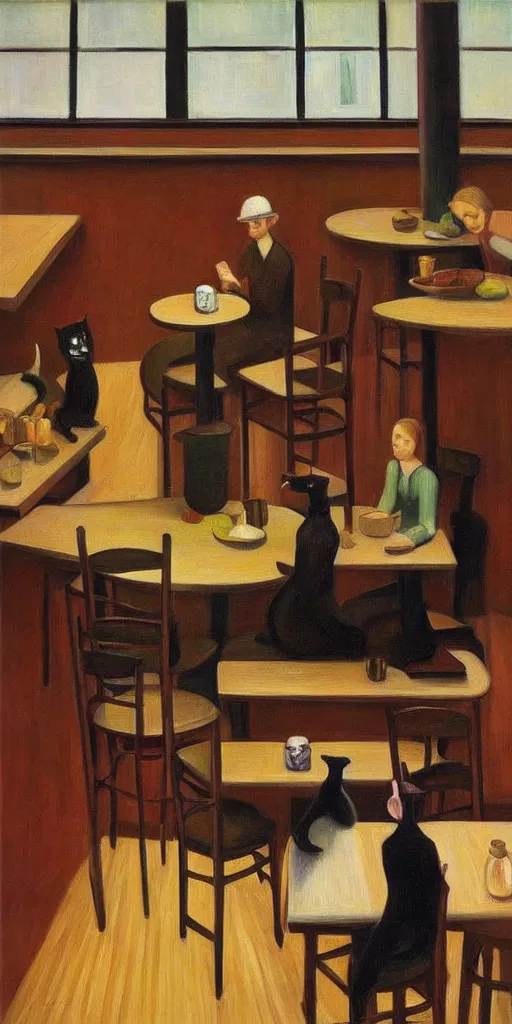 Prompt: cat cafe atrium, grant wood, pj crook, edward hopper, oil on canvas